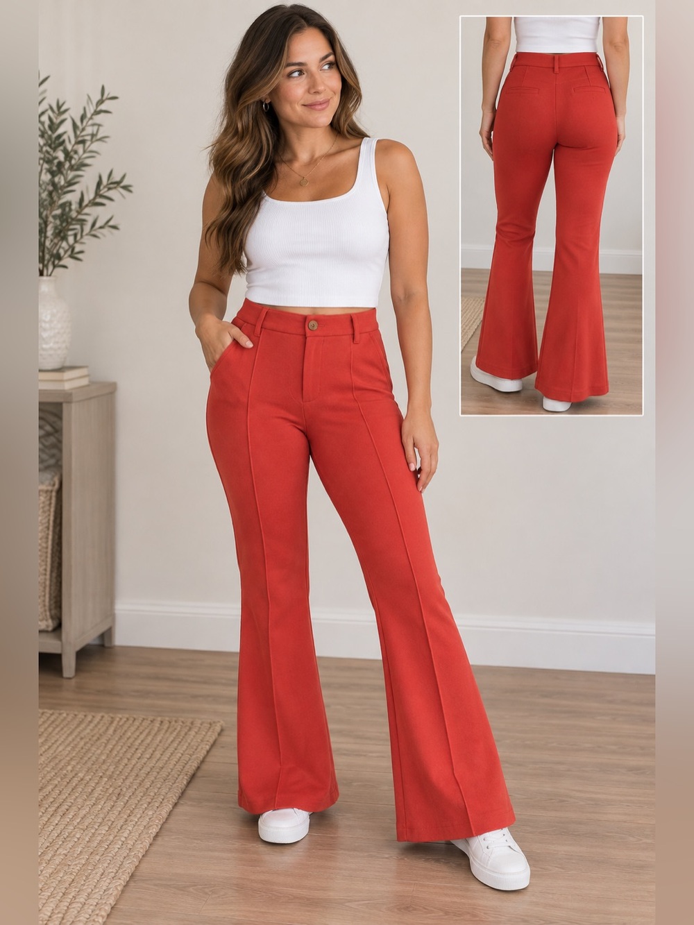 Urban Outfitters Orange Red High Rise Flare Pants Large Pintuck Retro 70s